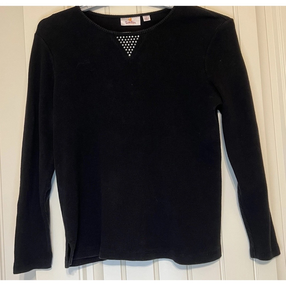 Quacker Factory Black Long Sleeve Women's Waffle 100% Knit Size Large Slit Sides